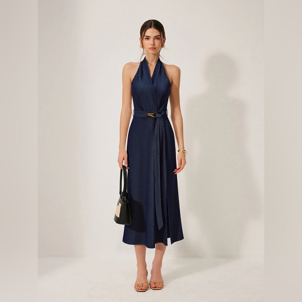 Commense Navy Belted Midi Dress